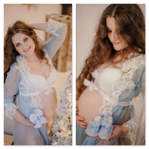Pink Maternity Photoshoot Lace on Mesh Gown Robe - Picture 4 of 10